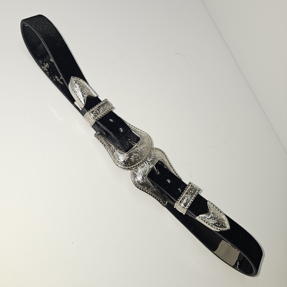 Zara Western Style Black Belt with Silver Double Buckles - Picture 9 of 16